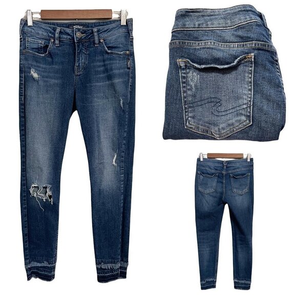 Silver Jeans Denim - Silver Company Womens Distressed Dark Wash Aiko Skinny Raw Hem Jeans Size 26 26